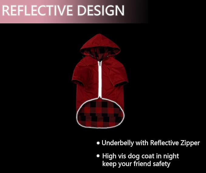 Dog Raincoat Dogs Waterproof Reversible rain Jacket Dog Small Medium Breeds Reflective Zipper Storage Pocket Harness Hole - Red - XXL