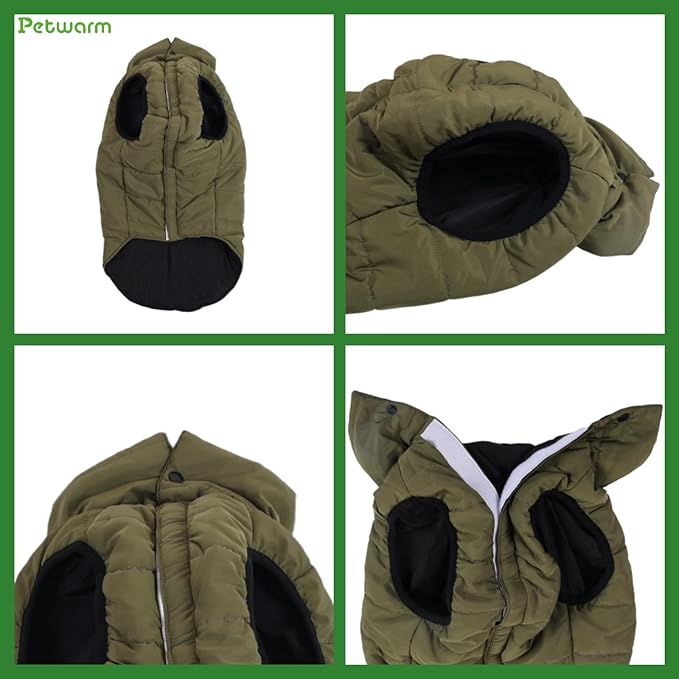 PetWarm Reversible Dog Winter Coat, Windproof Dog Puffer Vest, Soft Vest for Dogs with Hook-and-Loop Strap for Easy Dressing, Waterproof Coat for Dogs with Adjustable Fit, Green, L