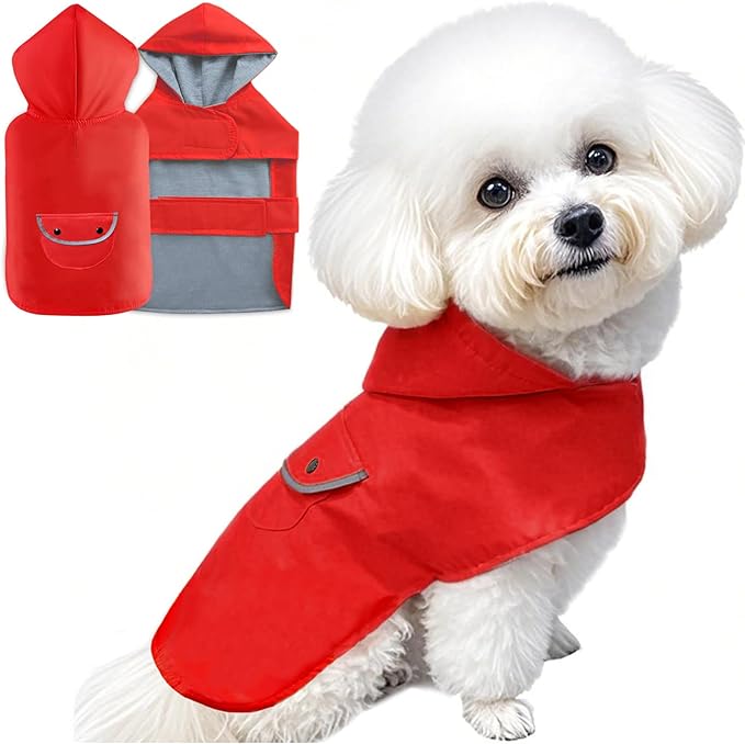 Small Dog Raincoat Rain Jacket for Puppy Dogs Reflective Poncho Rainwear Waterproof Pet Clothes Warm Lined Pocket Hooded Leash Hole Adjustable,Red,XS,Back Length 6.3 Inch