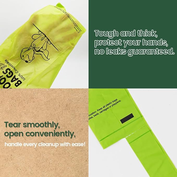Ley's Compostable Dog Poop Bags, Plant-Based Biodegradable Doggie Waste Bags with Easy Tie Handles, Unscented, Vegetable-Based, Dog Bags Refill Rolls with Dispenser and Leash Clip