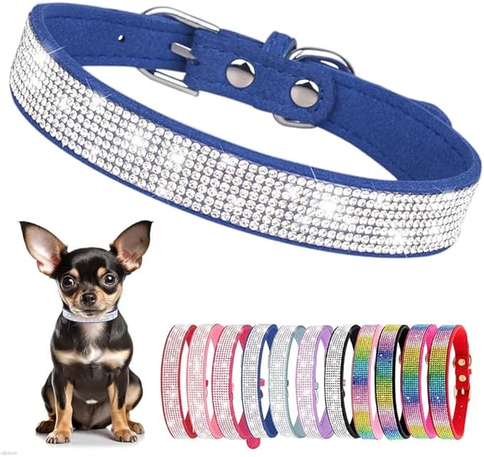 Serijoars Small Dog Collar with Rhinestone Crystal Diamond Colorful Bling Girl Puppy Cat Collars (XS, Dark Blue)