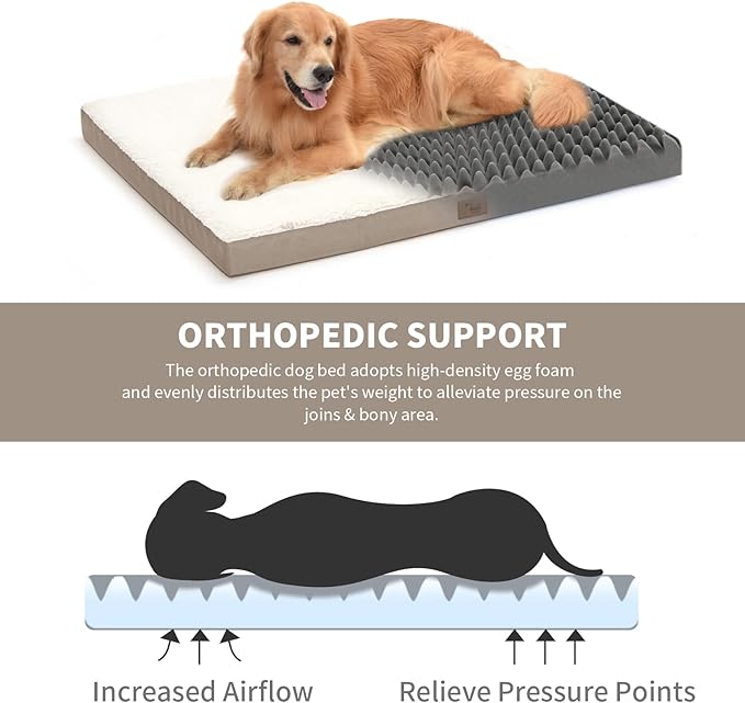 Orthopedic Dog Crate Bed for Extra Large Dogs, XXL Waterproof Comfort Pet Bed with Egg Crate Foam 47x29 Inch, Removable Oxford Cooling Cover, Khaki White