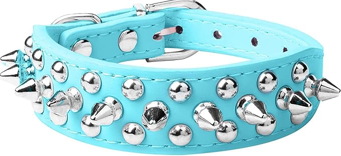 Spiked Dog Collar Soft Pu Leather Mushrooms Rivet Spike Studded Puppy Adjustable Pet Collars for Small Breeds (L, Light Blue)