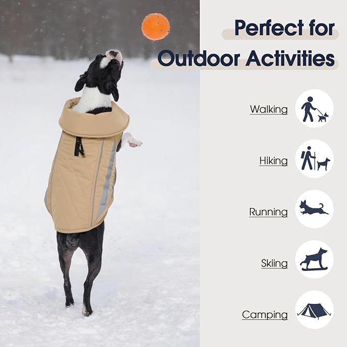 IECOii Dog Coat Waterproof - Adjustable & Reflective Winter Jacket with Cozy Fleece Lining, Coats for Rainy, Snowy Outdoor Activities, Khaki, Sizes M