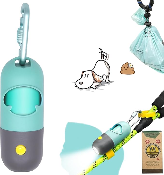 Dog Poop Bag Holder Dispenser with LED Flashlight - Night Visibility for Safe Evening Walks | Upgraded Hands-Free Leash Clip | Includes 15 Dog Waste Bags(Crystal Blue)