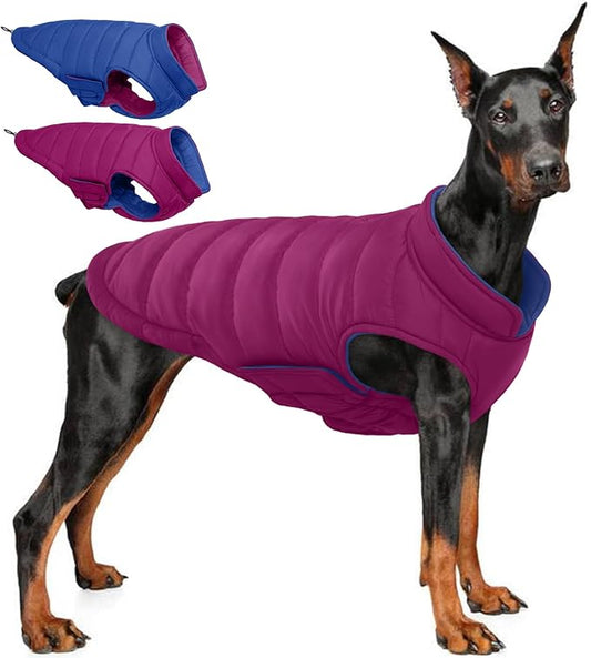 QBLEEV Reversible Dog Jacket for Large Dogs, Waterproof Windproof Winter Coat with Adjustable Hook & Loop Design, Lightweight Puffer Vest Keeps Dogs Warm & Dry, Purple, XL – Fits Pitbull, Boxer