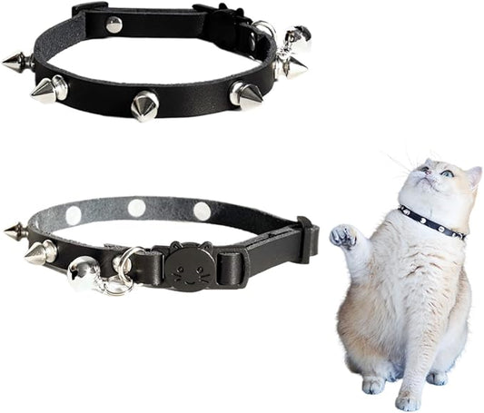 Spiked Cat Collar with Bells, Breakaway Genuine Leather Protective Collar for Kitty, Studs Spikes Punk Style Adjustable for Girl Boy Kittens Small Bunny Rabbit, 10"-12" Black