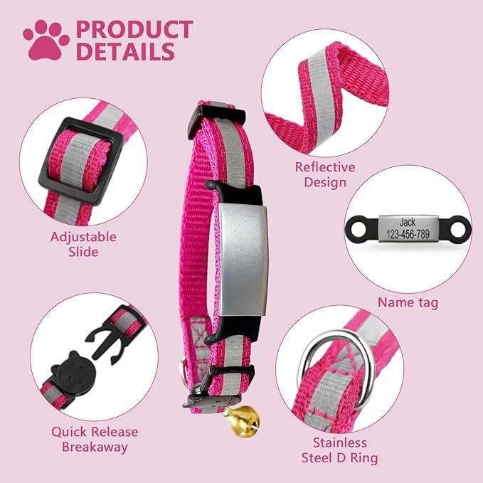 Personalised Cat Collar Adjustable Reflective Nylon with Cat Pattern Breakaway, Safety Quick Release, Bell, Custom Stainless Steel Name Tag & ID Number Plate (8"-10.6", Multiple Colors)