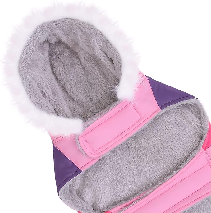 HDE Dog Puffer Jacket Fleece Lined Warm Dog Parka Winter Coat with Harness Hole Pink Stripe - S