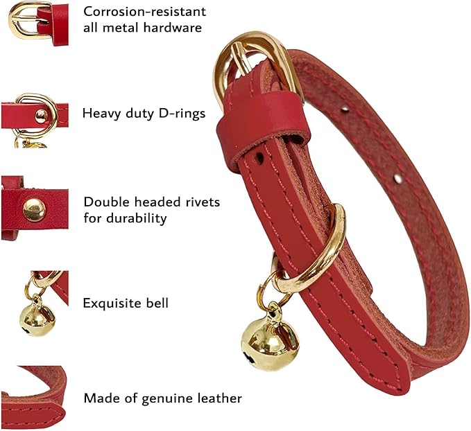 Guiding Star Leather Collar for Puppy, Cute Soft Thin Dogs Collars for Small Medium Dogs, Cat Collar with Bell (Red, XXS, 6.2"-10")