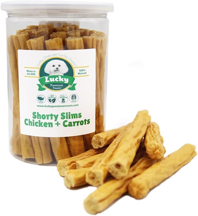 Lucky Premium Treats Lucky Shorty Slims - Carrot and Chicken Jerky Dog Treats, Crunchy Dog Chew Sticks with Real Chicken and Carrot for Small to Large Dogs (7 Count)