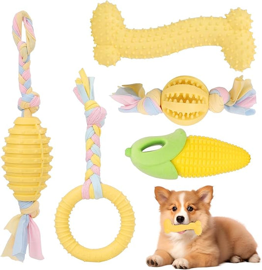 5 Pack Dog Chew Toys for Puppy Cute Yellow Dog Toys Puppy Dog Toys for Teething Soft Durable Interactive Chew Toy for Small Dogs Light Yellow