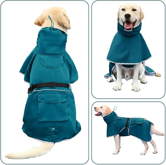 Reflective Dog Raincoat Waterproof Adjustable Dog Hooded Poncho Raincoat for Medium Large Dogs, Lightweight Pet Rain Jacket (Blue, 3XL)