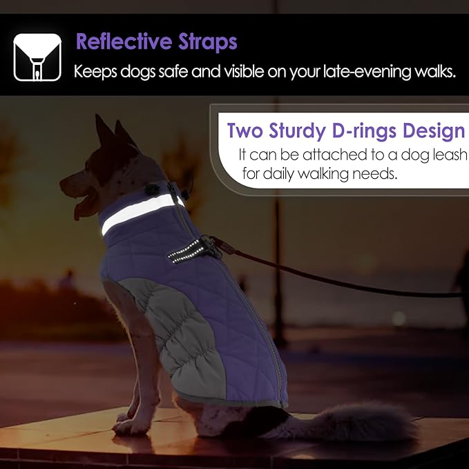 AOFITEE Dog Coat, Warm Dog Winter Coat for Large Dogs, Reflective Turtleneck Dogs Jacket with Harness Built in, Waterproof Windproof Pet Puffer Jacket Fleece Vest for Cold Weather, Lilac XXXL