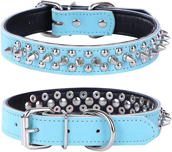 Adjustable Genuine Leather Spiked Studded Dog Collars for Small Medium Large Pets Like Pit Bull Bulldog Pugs Husky (L, Light Blue)