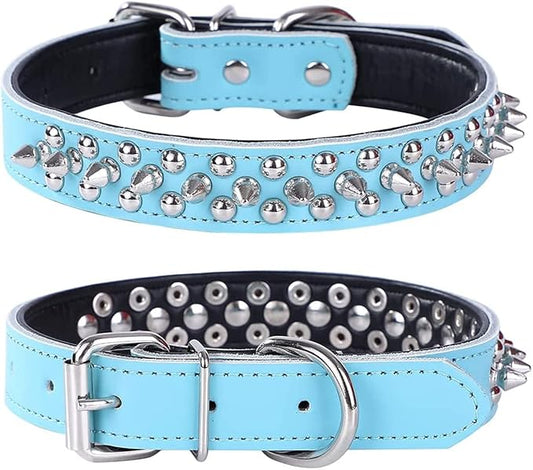 Adjustable Genuine Leather Spiked Studded Dog Collars for Small Medium Large Pets Like Pit Bull Bulldog Pugs Husky (M, Light Blue)