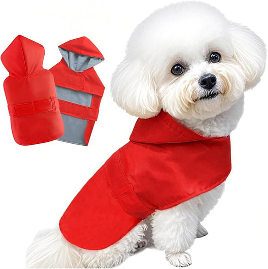 Dog Raincoat Small Dog Rain Jacket Poncho Waterproof Pet Rain Suit Double Layer Breathable Lining Hooded Leash Hole Adjustable Puppy Small Medium Dogs,Red,S