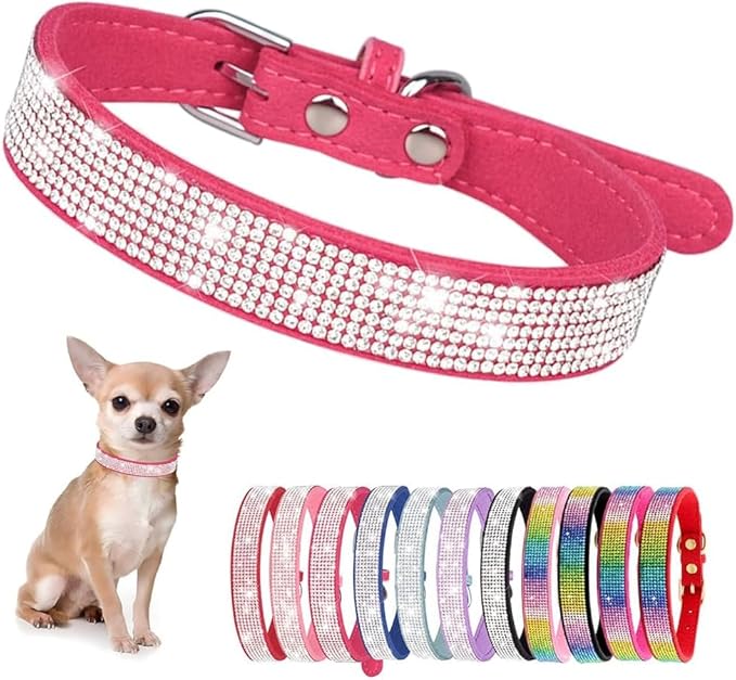 Serijoars Small Dog Collar with Rhinestone Crystal Diamond Colorful Bling Girl Puppy Cat Collars (M, Hot Pink)