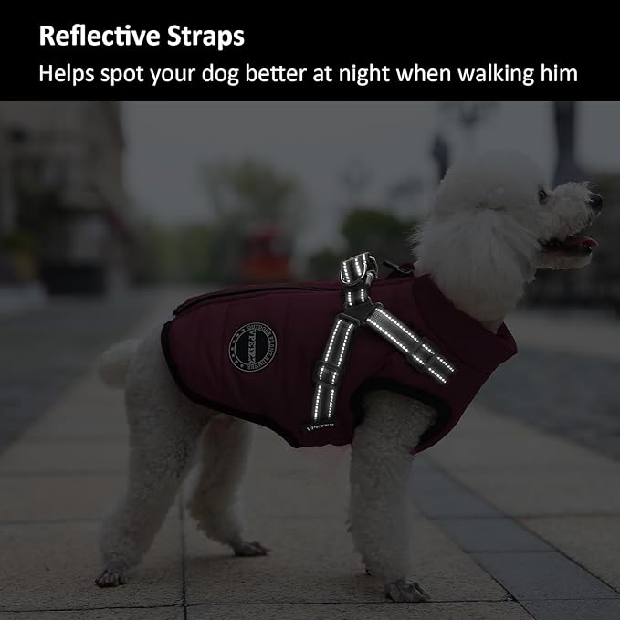 Dog Winter Coat,Warm Jacket Paded Fleece Pet Vest with Built in Harness,Windproof Reflective Cozy Adjustable Snow Pet Coat Clothes with Zipper for Small Medium Large Dogs