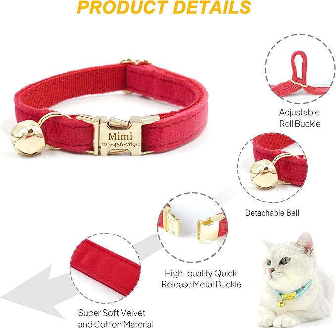 Personalized Cat Collar with Bells,Velvet Customized Small Cat Collar with Name Tag,Pet Collar with Name Phone Number Engraved ID Tags for Boy and Girl Kitten Cats (Purple)