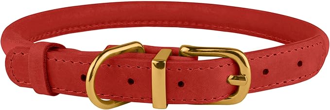 BronzeDog Rolled Leather Dog Collar with QR ID Tag, Adjustable Soft Round Collars for Small Medium Large Dogs Puppy (14" - 16" Neck Size, Classic Red)
