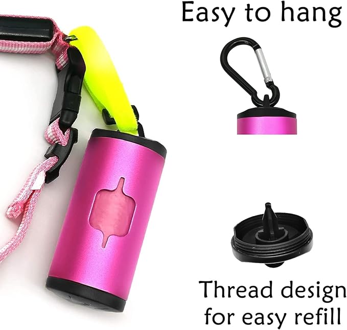 Metal Dog Poop Bag Holder Aluminum Dispenser for Leashes, Hiking & Travel, Lightweight Scratch-Resistant with 3 Attachments and 195 Bags (Pink, 1 Holder 15 Bags)