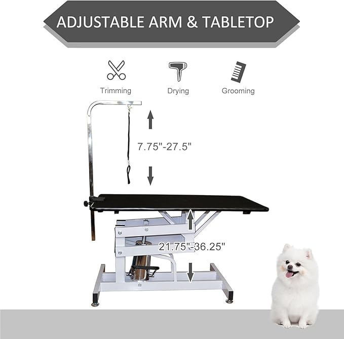 42.5" Hydraulic Dog Grooming Table for Large Dogs Heavy Duty Height Adjustable Dog Grooming Table with Overhead Arm & Noose Height Range 21-36 inch Purple