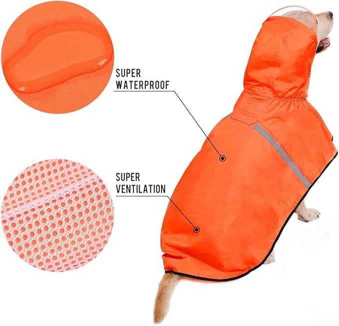 Dog Raincoat with Adjustable Belly Strap and Leash Hole - Hoodie with Reflective Strip - Waterproof Slicker Lightweight Breathable Rain Poncho Jacket for Medium Large Dogs - Easy to Wear, Orange 5XL