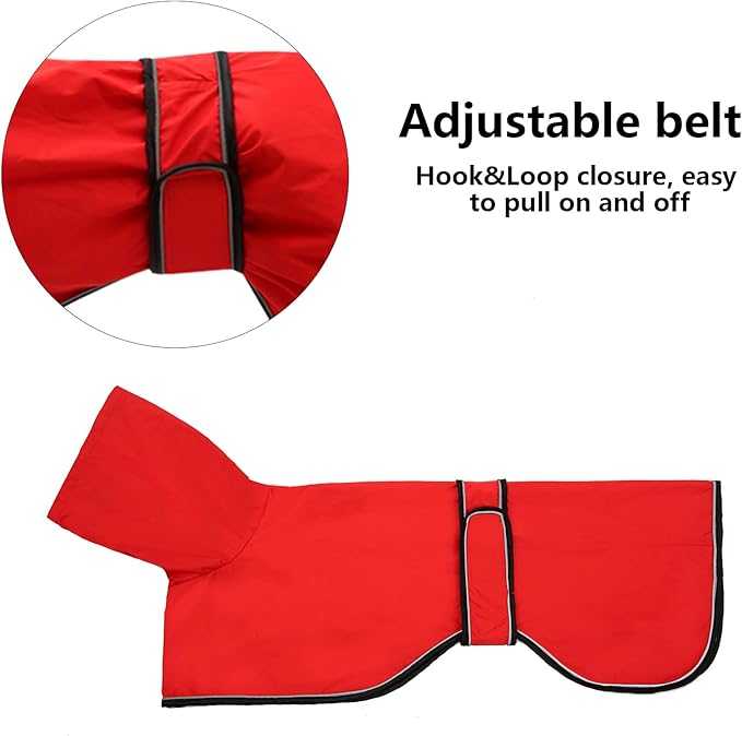 Dog Raincoat with Reflective Bar, Rain/Water Resistant, Adjustable Vest - Dog Raincoats for Greyhounds, Lurchers and Whippets - Red - XXL