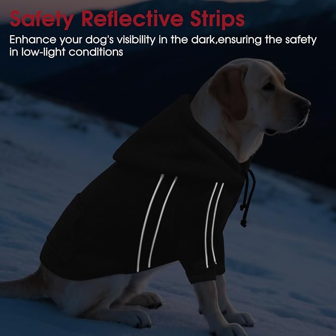 ASENKU Cozy Dog Hoodie，Soft Sweater with Adjustable Hood, Back Pocket and Leash Access Hole，Warm Reflective Sweatshirt for Cold Weather（Black，XS