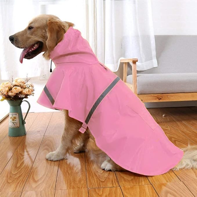Mikayoo Large Dog Raincoat Adjustable Pet Waterproof Clothes Lightweight Rain Jacket Poncho Hoodies with Strip Reflective(Pink,M)