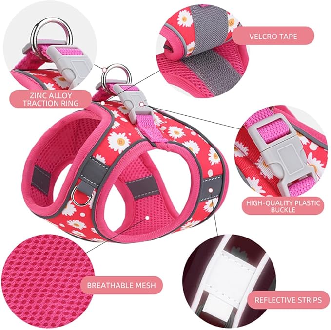 Step in Dog Harness and Leash Set, Flower Adjustable Easy Walk Puppy Harnesses, Soft Mesh Pet Vest Harness Small Size Dog Adjustable No Pull Dog Harness for Small Medium Dogs(Purple, S)