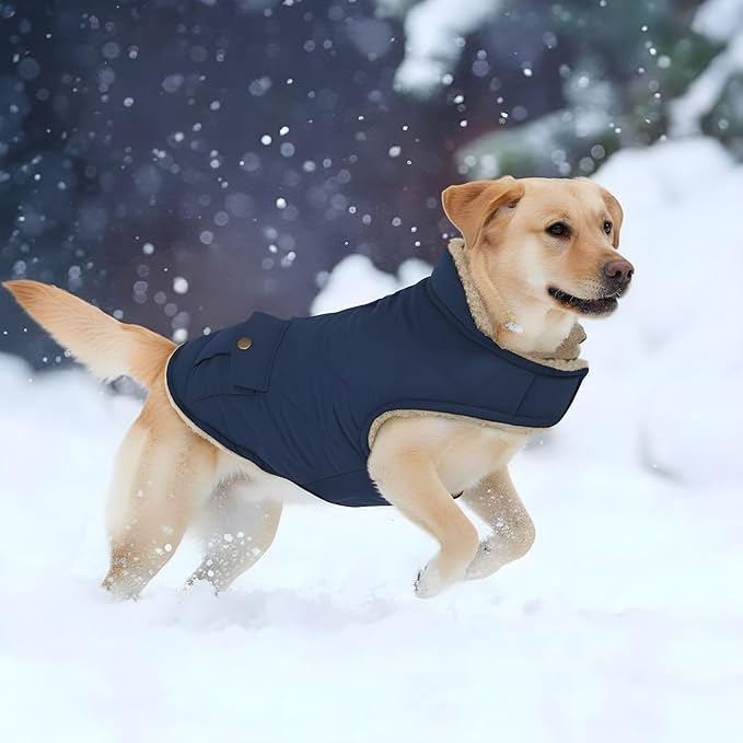 ASENKU Warm Dog Winter Coat, Waterproof Dog Coat for Cold Weather, Fleece Dogs Jacket with Ultra Thick Plush Lining Leash Hole Storage Pockets for Large Dogs (Navy Blue, Large)