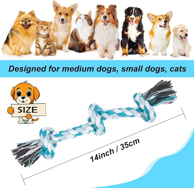 SZEE Dog Rope Toys, 14 in 3 Knots Chew Rope for Medium and Small Dogs, Natural Cotton Pull Toy for Tug of War and Teeth Cleaning (Blue)