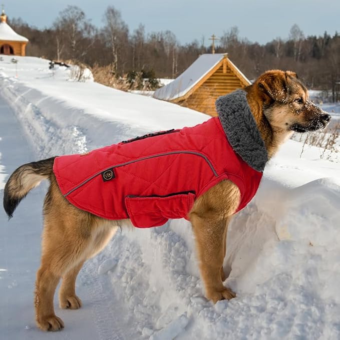 EMUST Winter Coat for Large Dogs, Windproof Dog Jacket for Cold Weather, Extra Warm Dog Winter Clothes for Small Medium Large Dogs, Red, XXL