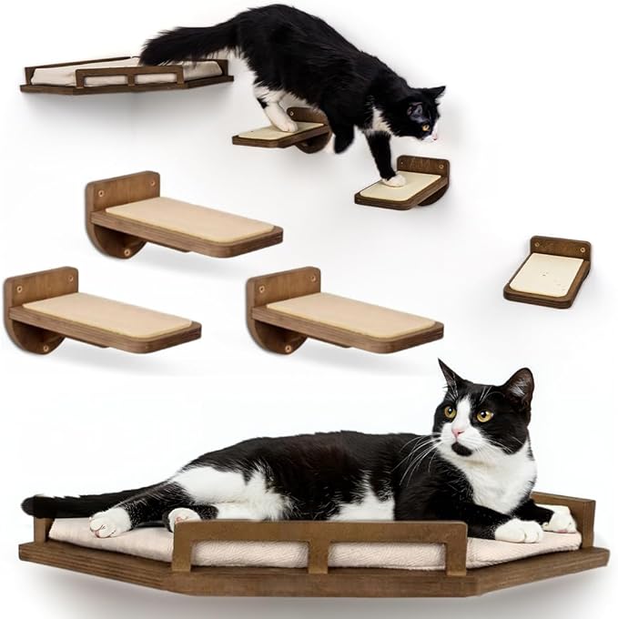 INICIO Cat Wall Shelves - Modern and Durable 3 Step Cat Furniture for Wall - Stylish Birch Floating Shelf for Cats up to 15lbs - Wooden Corner Shelves with Cushioned Perch - Brown