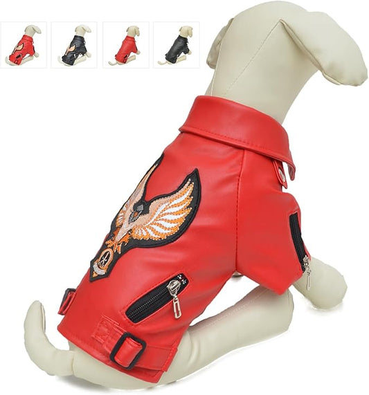 Lovelonglong Cool Dog Leather Jacket, Warm Coats Dogs Windproof Cold Weather Coats for Large Medium Small Dogs with Eagle Embroidery Red B-S