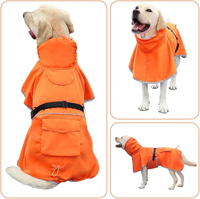 Reflective Dog Raincoat Waterproof Adjustable Dog Hooded Poncho Raincoat for Medium Large Dogs, Lightweight Pet Rain Jacket (Orange, XL)