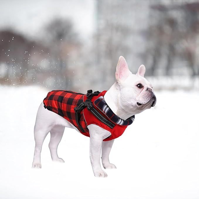 Dog Coat with Harness,Small Dog Winter Coat,Doggie Jackets with Built in Harness,Adjustable Warm Jacket for Medium Large Dogs,Pet Puppy Cold Weather Coats for Dogs Waterproof (PlaidRed, Small)