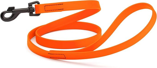 Dogline Biothane Waterproof Dog Leash Strong Coated Nylon Webbing with Black Hardware Odor-Proof Easy to Clean High Performance for Small or Large Dogs Made in USA 4 or 6 ft Lead, Hunter Orange