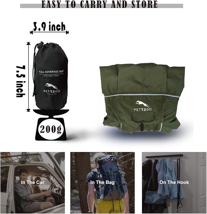Dog Lightweight Windbreaker, Dog Outdoor 4-Legs Jacket, 0.5 lbs,Durable Water Repellent, Hooded, Easy on/Off with Collar and Harness, Reflective, Packable,Dark Olive (Large)