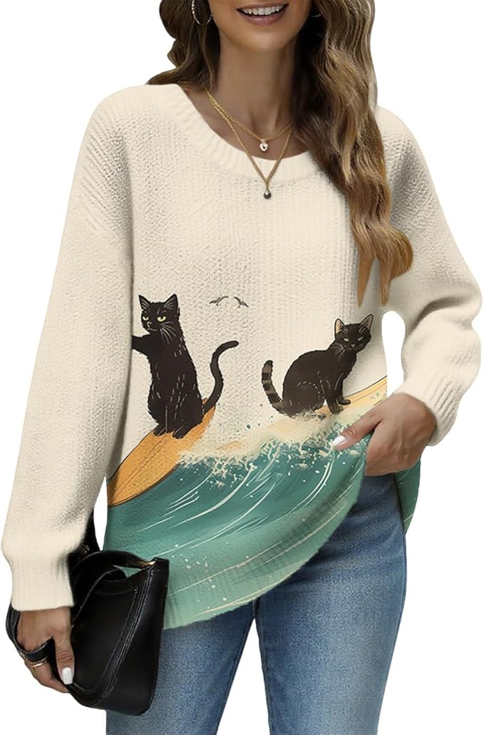 Women's Cat Printed Sweater Oversized Cable Knit Long Sleeve Christmas Clothes Casual Autumn Winter Fashion Tops