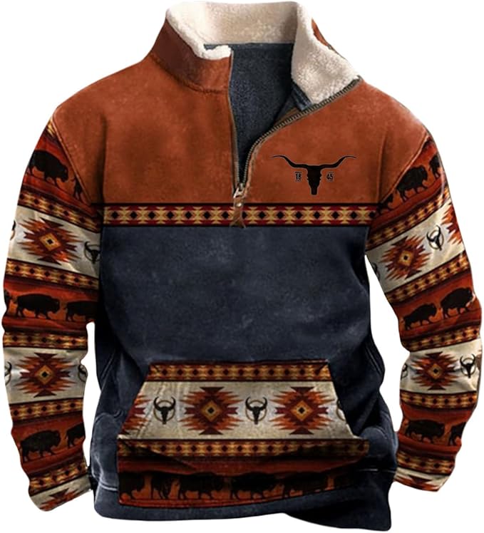 HOTYD Aztec Cowboy Mens Hoodie Vintage Graphic Western Hoodies Casual Long Sleeve 1/4 Zip Pullover Mens Country Jacket