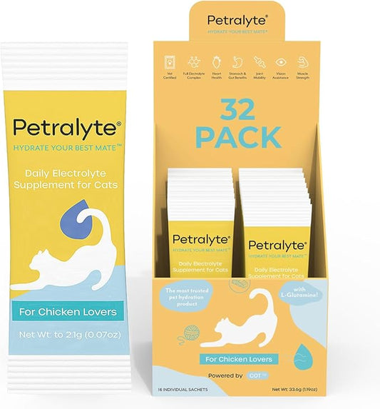 Petralyte Cat Hydration Electrolyte and Cat Joint Supplement | Hydration Support for Cats w/Glucosamine, Chondroitin, L-Glutamine, Taurine, Lysine & Prebiotics | for Chicken Lovers | 32 Packets