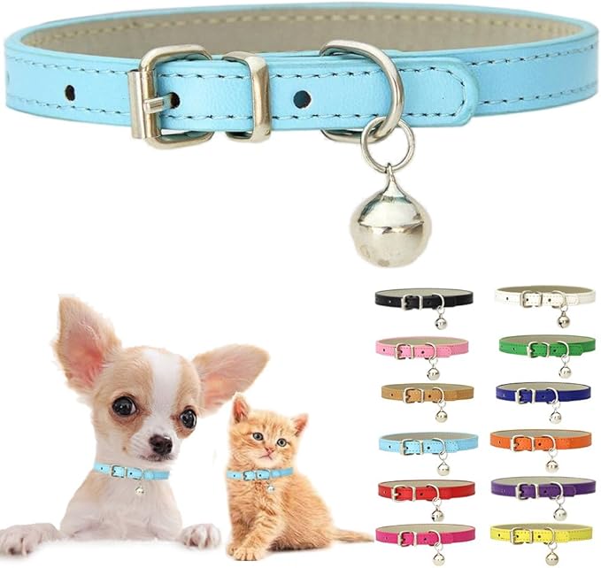 Blue XS Dog Collar with Bell, Soft Pu Leather Cat Collars Adjustable Buckle for XXS Extra Small Medium Tiny Female Male Boys Girls Pets Puppy Kitten Teacup Yorkie X-Small