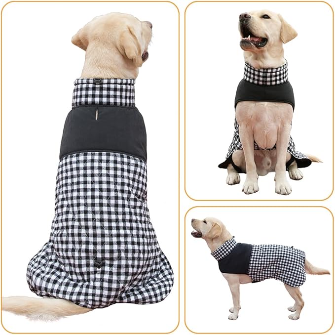 Dog Jackets for Winter, Reversible Dog Coat Windproof Waterproof Jackets for Cold Weather, British Style Plaid Coats Warm Vest for Small Medium Large Dogs (Black, 5XL)