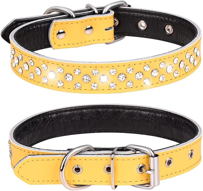 Rhinestones Dog Collar, Adjustable Sparkly Crystal Studded Genuine Leather Pet Dog Collar for Small and Medium Dogs (S, Yellow)