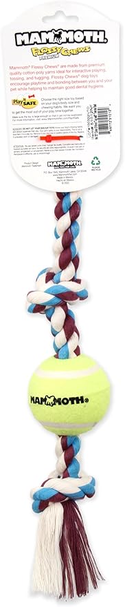 Mammoth Flossy Chews Color 3 Knot Tug w/Standard Tennis Ball – Premium Cotton-Poly Tug Toy for Dogs, Interactive Rope Dog Toy for Medium Dogs - 20” , Multi color