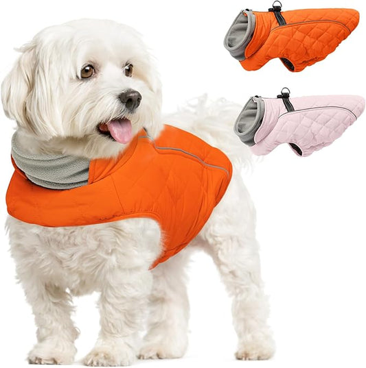 Dog Coat with Harness Built in -Orange,XS- Fleece Lined Dog Snow Jacket Snowsuit，Adjustable Reflective Winter Warm Cold Weather Coat