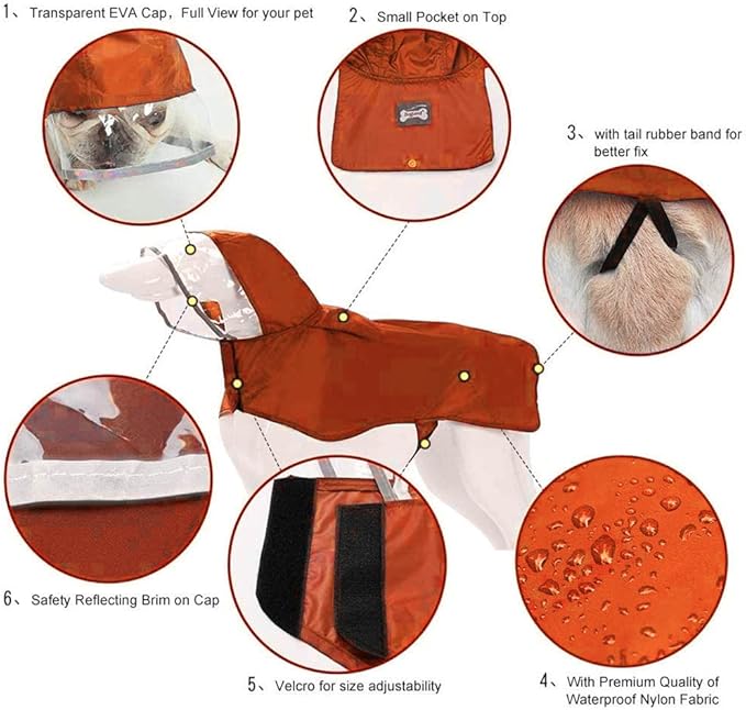 Pet Raincoat Packable Hooded Dog Rain Jacket Reflective Strips Lightweight Adjustable Poncho for Small Medium Large Dogs Orange XX 3XL (Back:28 Inches)
